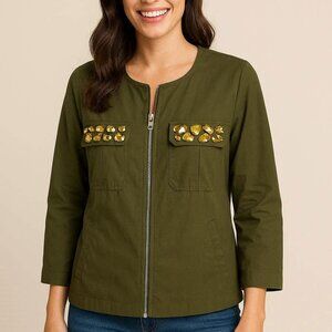 H&M Khaki Green Zip Front Jacket Jeweled Pockets size 12